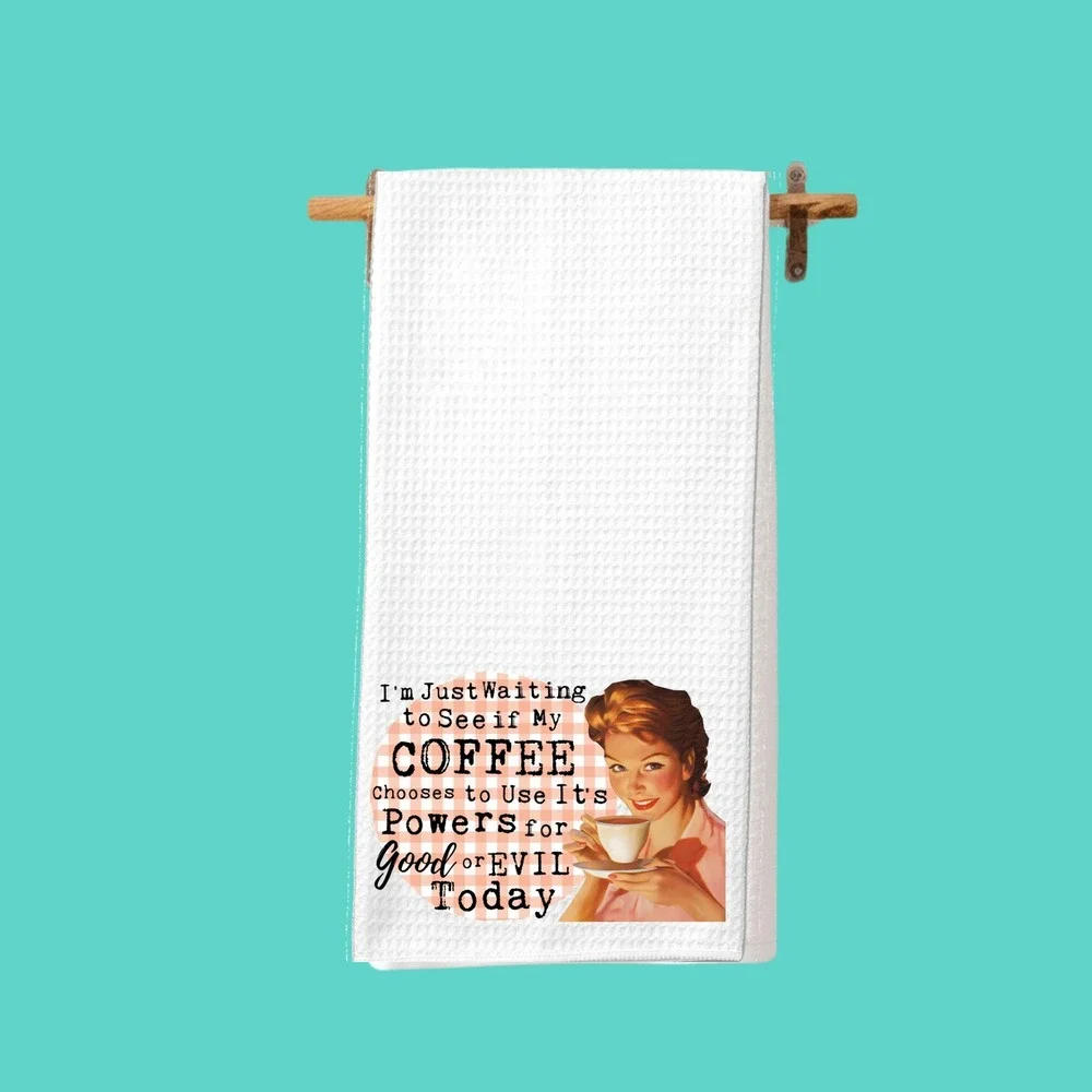 Funny Retro Coffee Powers Good or Evil Waffle Weave Kitchen Towel White